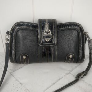 Vintage Brighton Small Crossbody Black Pebbled Leather Silver Heart Handbag